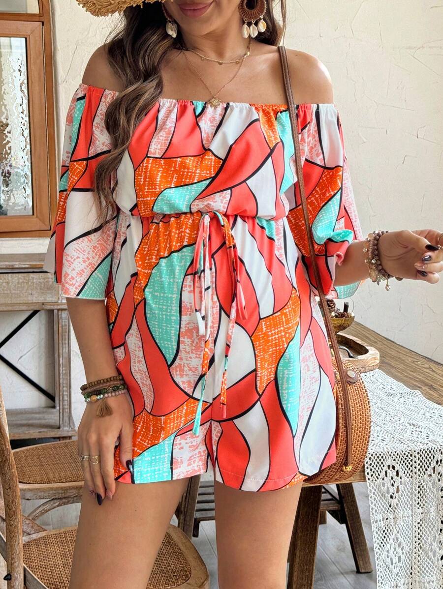 SHEIN Maternity Off Shoulder Ruffled Sleeve Casual Romper, Vacation