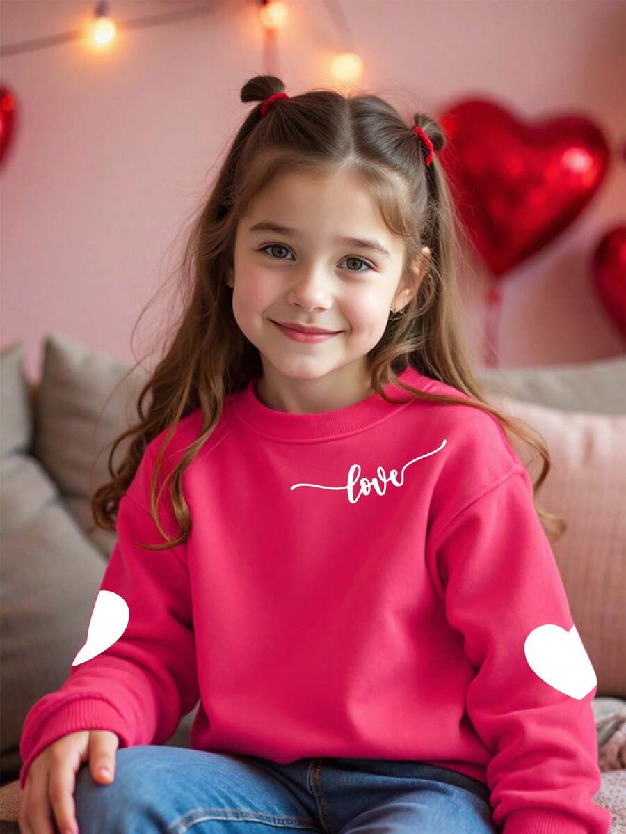 SHEIN Tween Girls Valentijnsdag Stijlvol Hartpatroon Ronde Hals Sweatshirt, Veelzijdig Voor Herfst/Winter