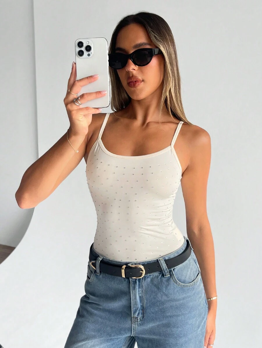 SHEIN X Belinda SHEIN Essnce Christmas Party Rhinestone Black Bodysuit Black Slim Fit Cami Rhinestone Women's Bodysuit Fashionable Elegant Casual Wear Party