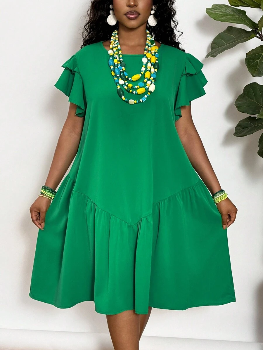 Slaydiva Plus Size Round Neck A-Line Knee Length Ruffle Sleeve Romantic Hem Green Casual Spring/Summer Vacation Dress