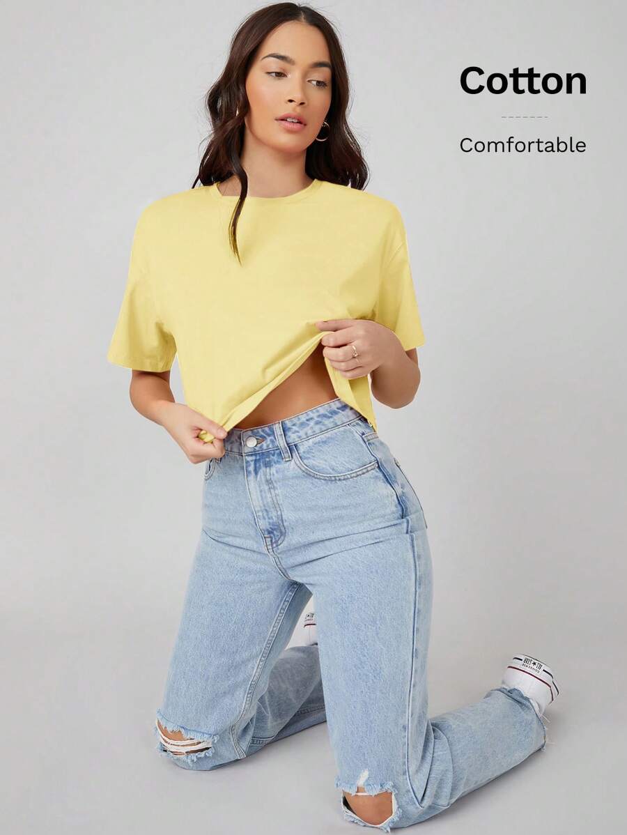 SHEIN BASICS Casual Solid Drop Shoulder Crop Tee