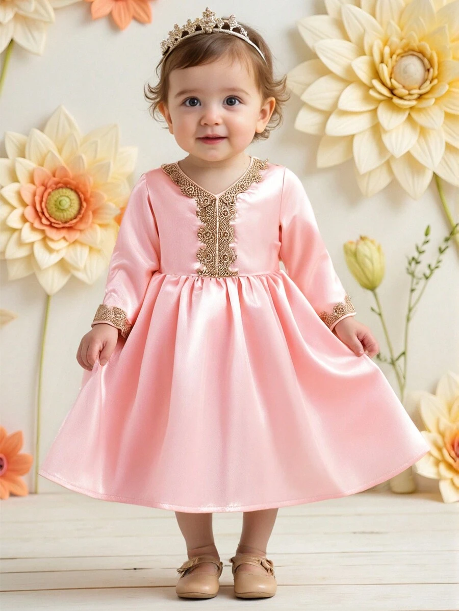 SHEIN Ramadanowa sukienka dla dziewczynki, niemowlęcia, malucha, 0-3 lat, klasyczna, elegancka, konserwatywna, pałacowa, w stylu kryształowym, satynowa, 3D, złota, koronkowa, dekolt w serek, długie rękawy