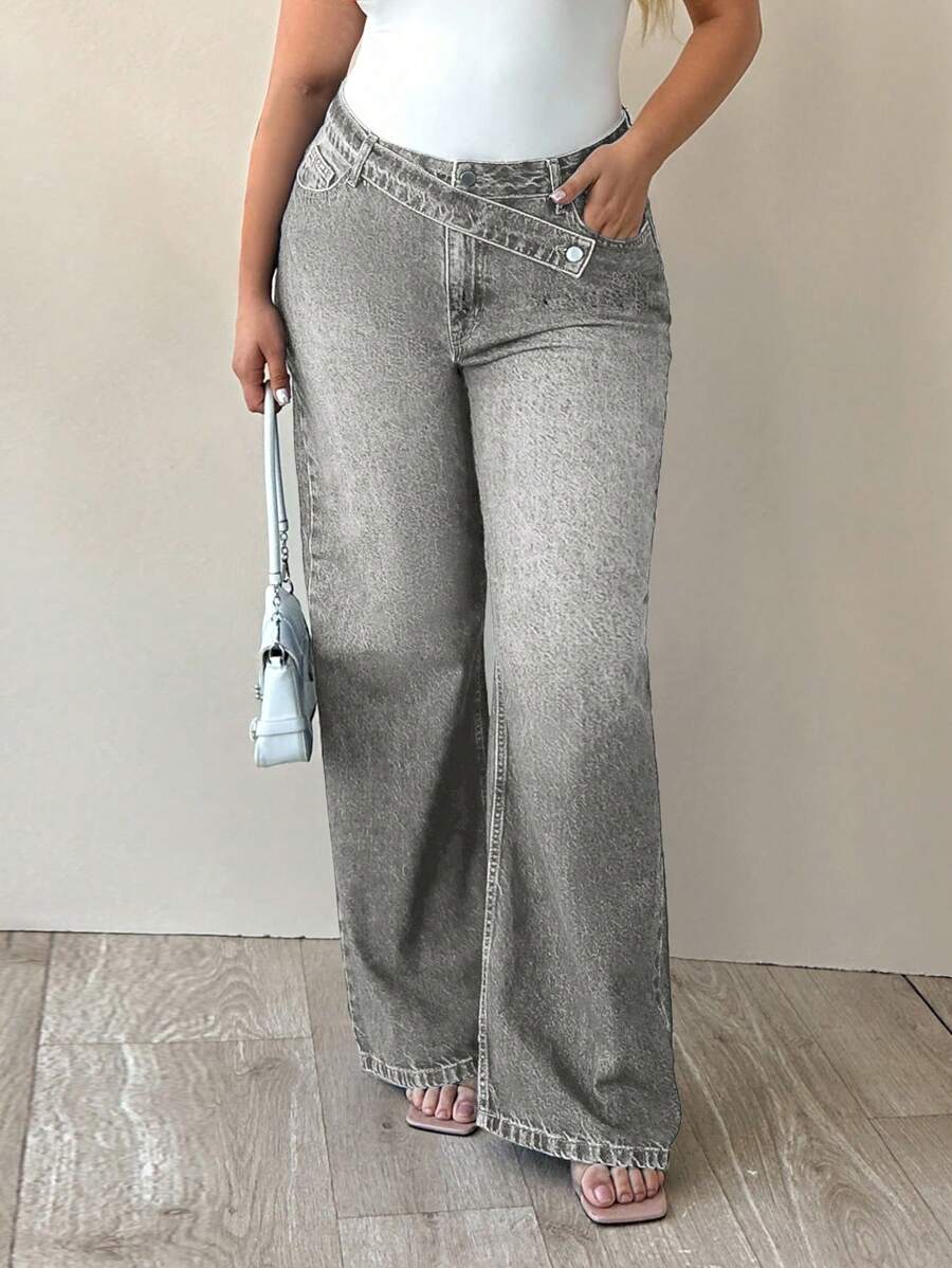 Jean à jambe large taille haute asymétrique avec ceinture 100% coton