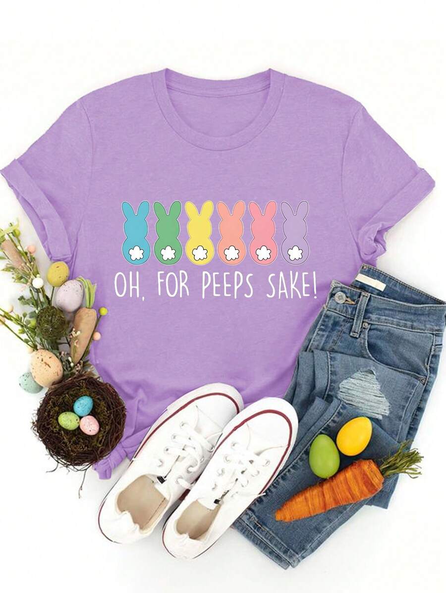 Flirla Plus Size Women's Summer Letter & Bunny Print Short Sleeves Casual T-Shirt