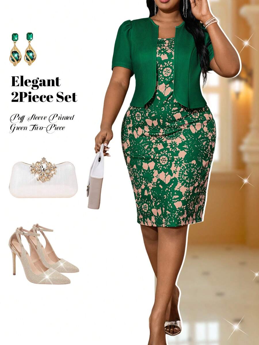 Fleurora Plus Size Women Business Elegant Puff Sleeve Floral Print Green Mid-Length 2-Piece Set,Holiday Outfits