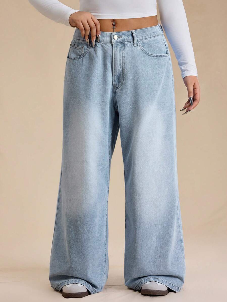 Forever 21 Spring New Fashion Low Waist Loose Wide Leg Casual Commuting High Street Minimalist Light Blue Washed Vintage Versatile Plus Size Women Jeans