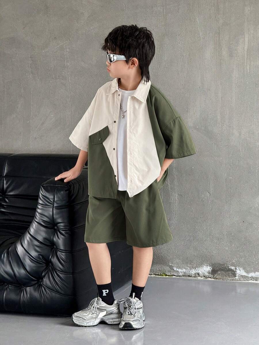 SHEIN 2pcs Kid Tween Boy Korean-Style Casual Versatile Comfortable Contrast Color Collar Patchwork Short Sleeve Loose Open Front Shirt And Shorts Set, Suitable For School, Garden, Beach, Birthday, Spring, Summer, Fall, Winter