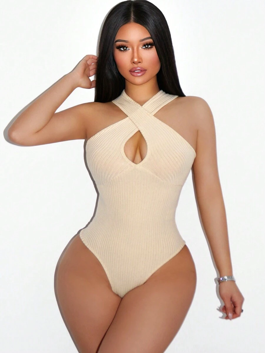 Zolique Women Solid Color Sleeveless Hollow Minimalist Slim Fit Bodysuit, Casual Resort Wear