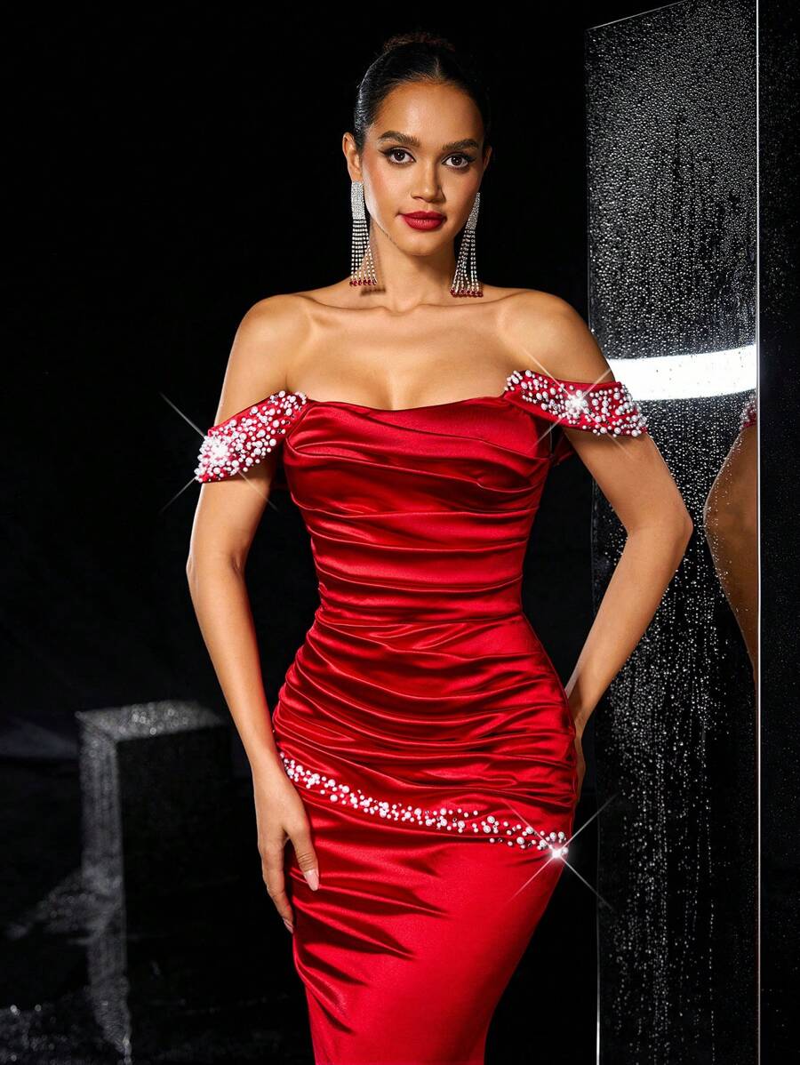 Glamrae Elegante y hermoso vestido largo de gala de satén brillante rojo de hombros caídos con mangas colgantes, fruncido, con lujo de strass y perlas falsas, con bajo de cola de pez hasta el suelo, adecuado para cena, fiesta de soltero, cita de cumpleaños, evento de boda, vestido de noche del Día de San Valentín, vestido de gala