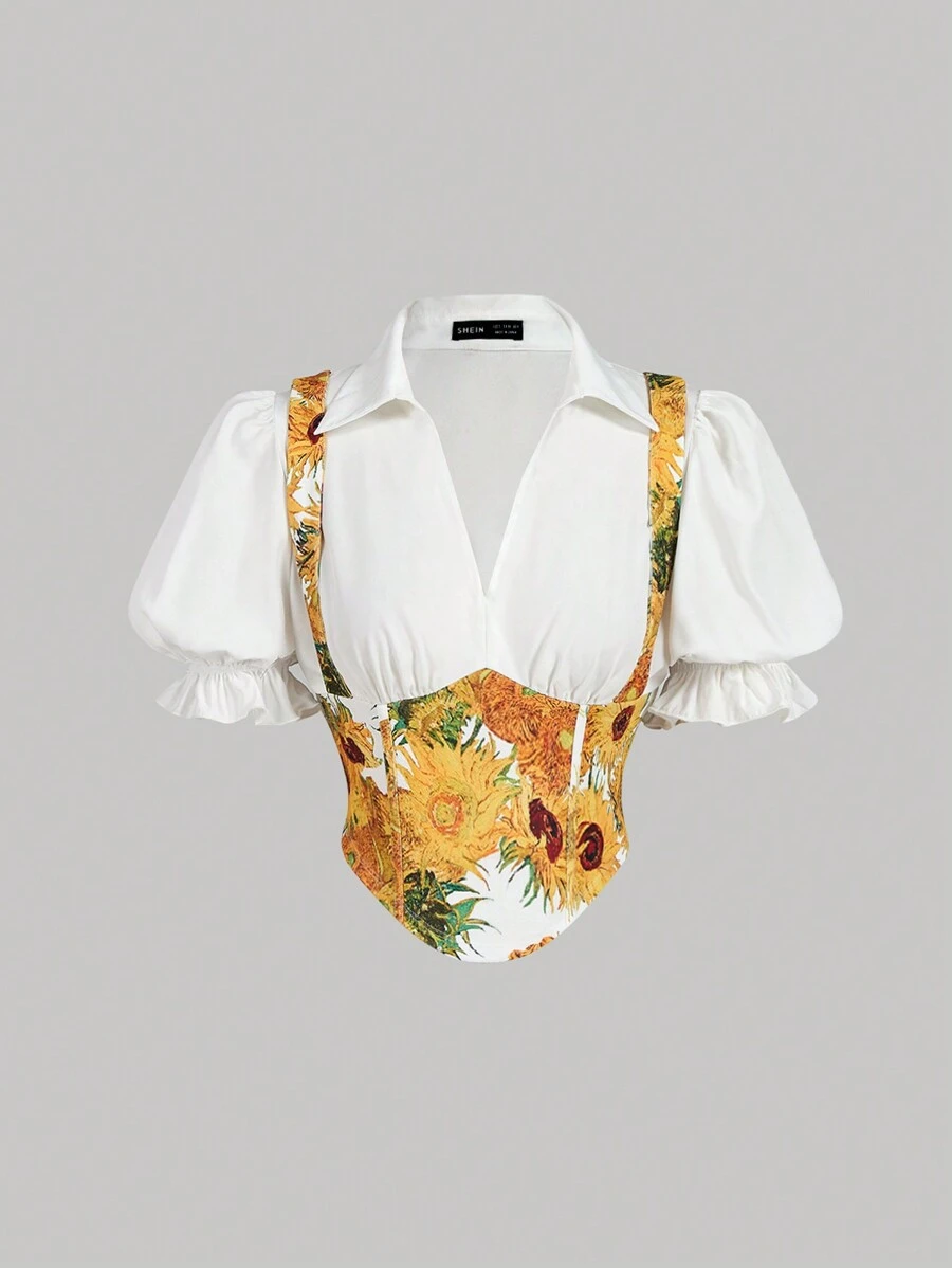 SHEIN MOD Retro Sunflower Print Collared Puff Sleeve Waist Tie Shirt,Van Gogh "Sunflower" Print Women's Shirt, Art Series,Shirt For Women Elegant