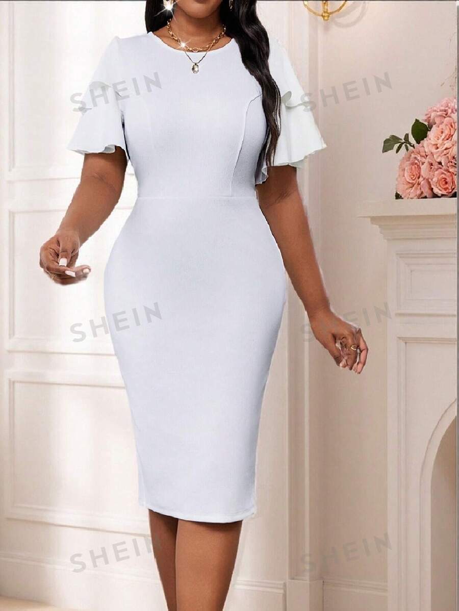 SHEIN Lady Vestido elegante de talla grande para fiestas, de unicolor, con mangas con volantes y ajustado. Ideal para el Día de San Valentín, primavera, verano y otoño. Vestido de novia elegante con cuello redondo, encaje de contraste y para invitados de boda. Ropa para el Día de San Valentín.