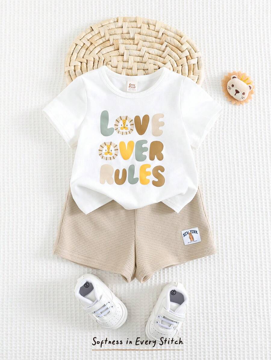 Cozy Pixies Set de 2 piezas para bebé niño con Top de manga corta con cuello redondo suave y estampado de animales de dibujos animados, y pantalones cortos de cintura elástica