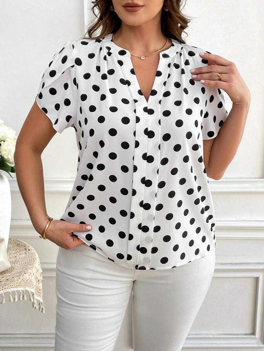 SHEIN Clasi Plus Size Allover Print V-Neck Short Sleeve Casual Shirt Office Blouse Women Business Casual Woman Women Blouses Business Casual Tops Women Blouses For Work Blouses For Women Summer Work Clothes Women Minimalist Casual Shirts Summer Outfits For Women Concert Outfit Women