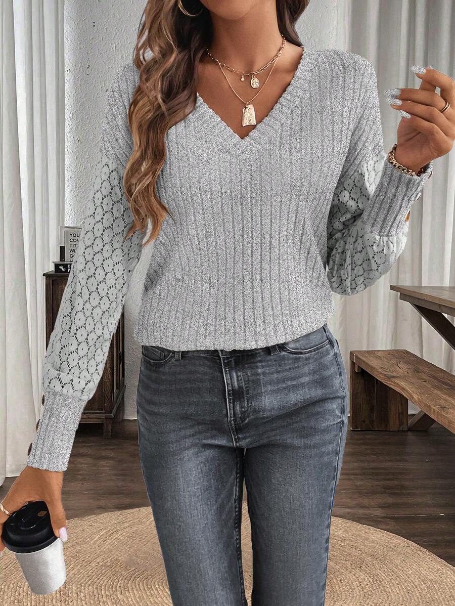 EMERY ROSE Camiseta de manga larga con cuello en V de encaje, detalles de botones y bloqueo de color para mujer, atuendo de primavera