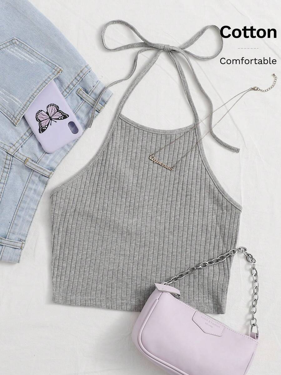 SHEIN EZwear Crop haltertop met knoopsluiting aan de achterkant