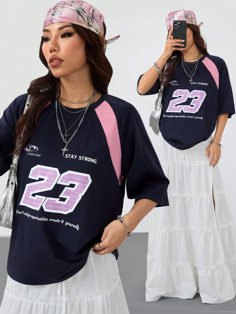 SHEIN EZwear Women's Spring/Summer Daily Wear Sportswear Casual Number Pattern Color-Blocked T-Shirt
