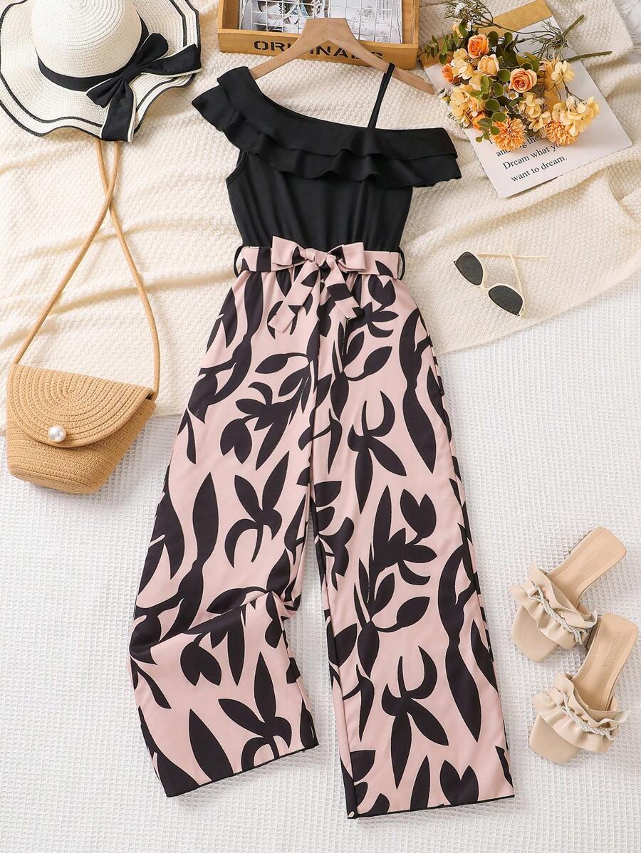 SHEIN Tween Girls Casual Strappy Ruffle Trim Printed Jumpsuit With Belt, Straight Leg, Suitable For Spring/Summer