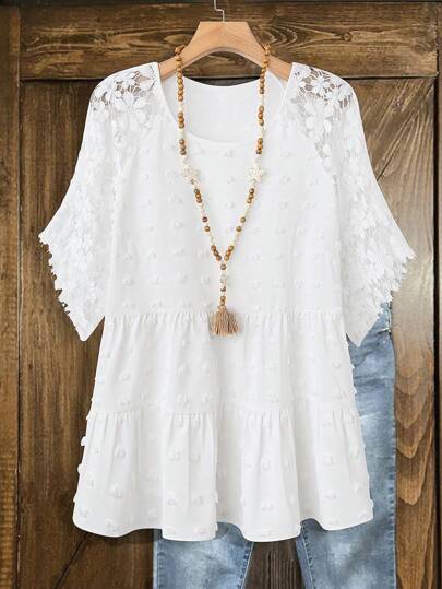 SHEIN LUNE Plus Size Women Jacquard Contrast Lace Short Sleeve Blouse