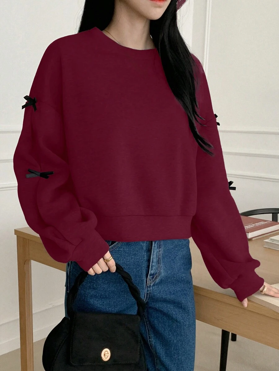 DAZY Color Block Bow Decor Ronde Hals Losse Fit Dames Sweatshirt, Herfstkleding