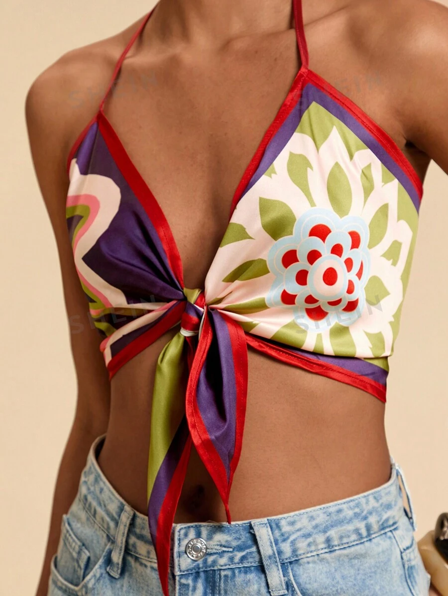 Travachic Top corto de tirantes con cuello de halter con estampado floral tropical, ideal para vacaciones
