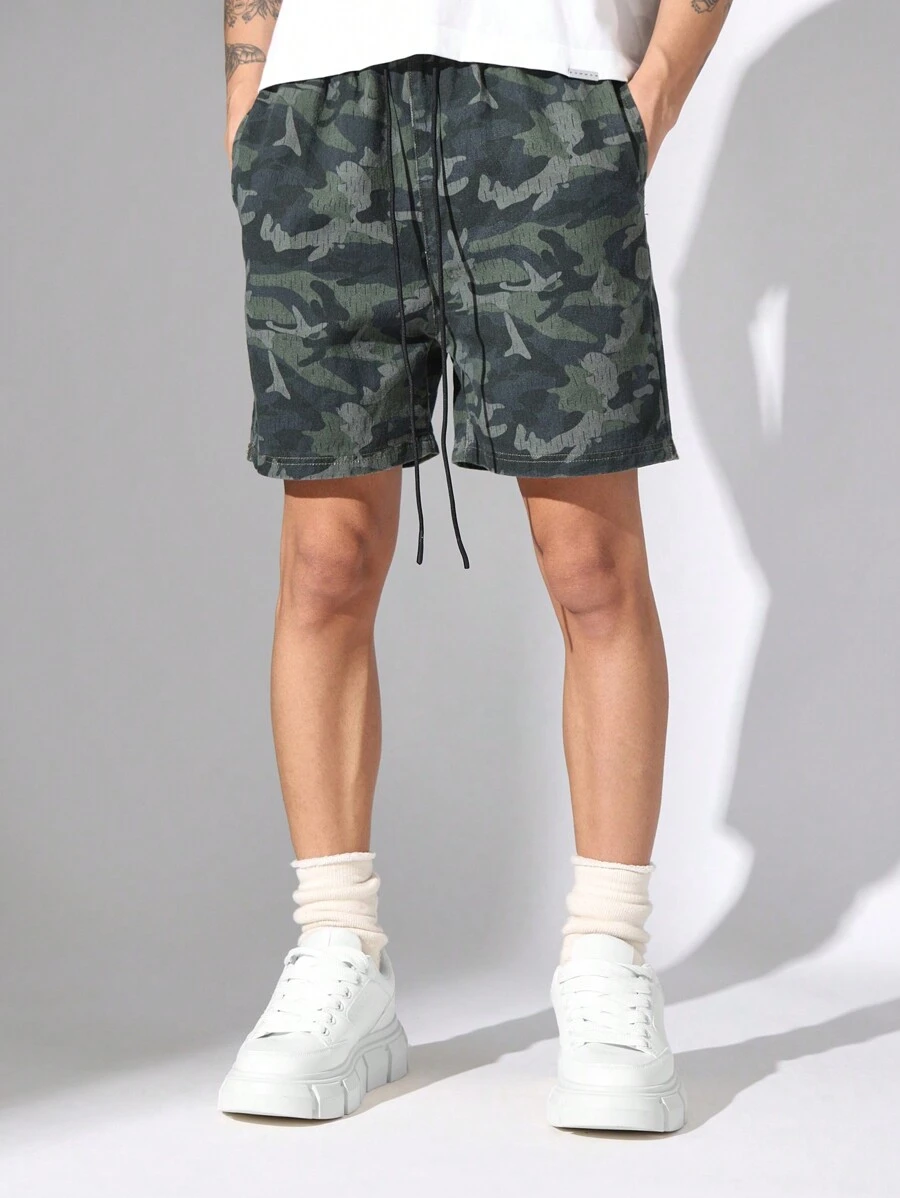 SUMWON Premium Pull-On Denim Shorts Camouflage Print Casual Drawstring Elastic Waist Summer Lounge Athletic Comfort Shorts For Outdoor Activities Spring Beach Wear