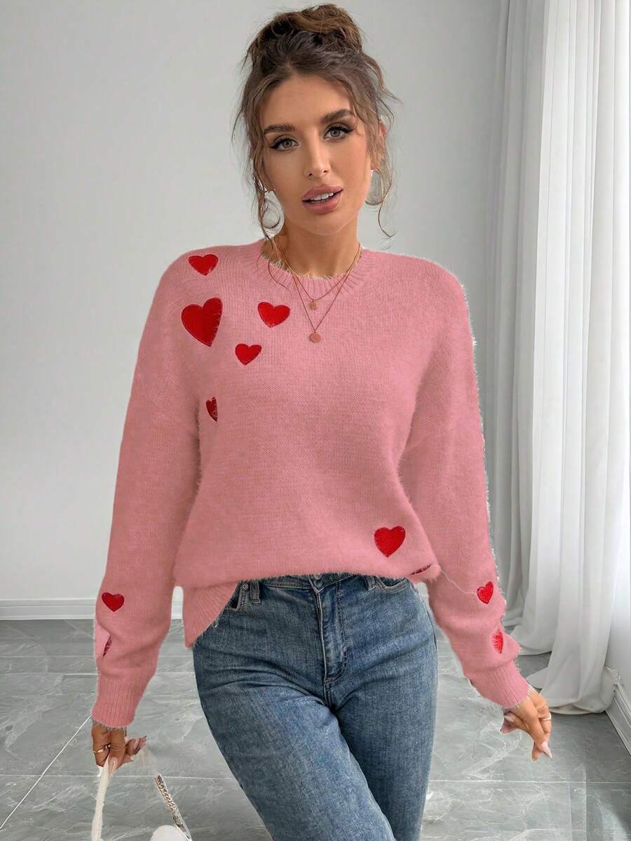 Chiquease European & American Stylish Heart Embroidery Pattern Faux Mink Loose Fit Casual Pullover Sweater, For Valentine's Day/Autumn/Winter
