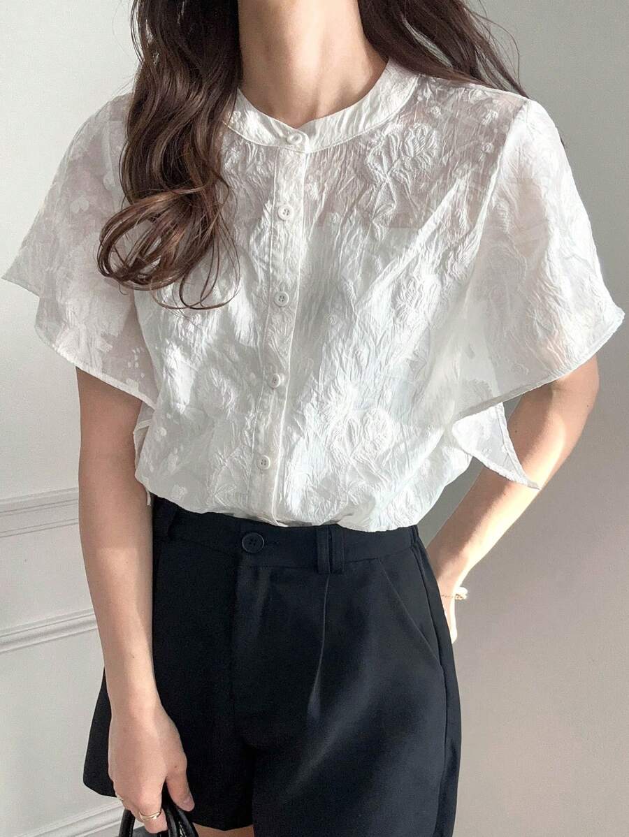 FRIFUL Women's White Textured Fabric Blouse, Lovely Ladies Summer Top