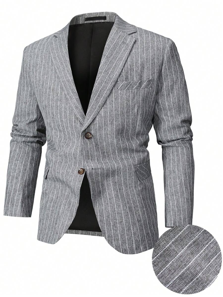Manfinity Mode Plus Size Front Button Long Sleeve Pocket Striped Minimalist Casual Blazer