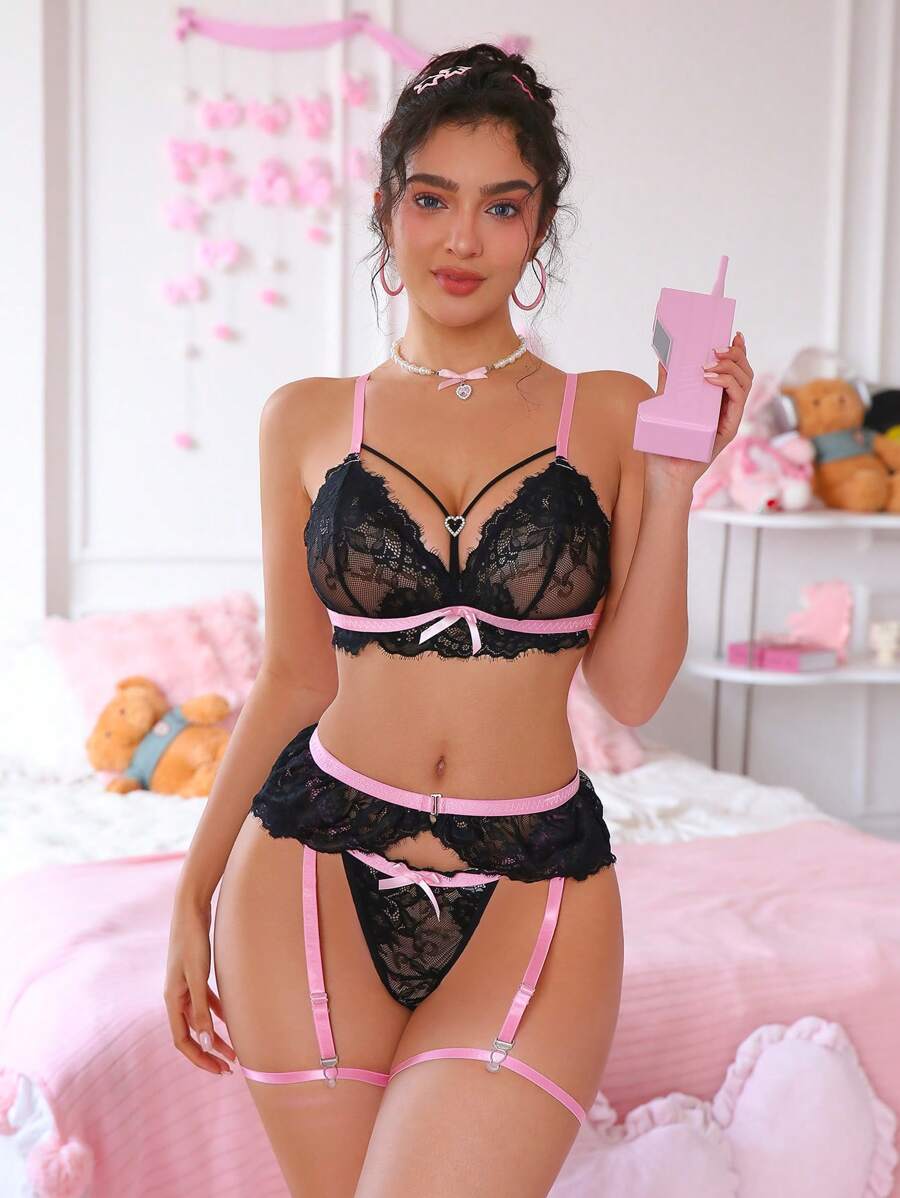 PetitDoll Set de lencería sexy de 5 piezas para mujer sin aros de encaje
