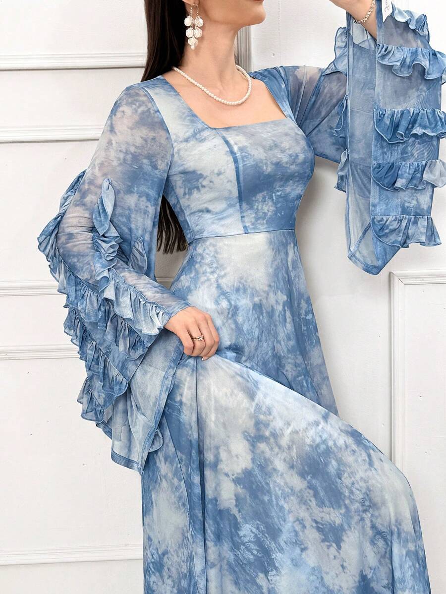 Modelyn Women's Tie-Dye Floral Print Square Collar Flare Sleeve Ruffle Hem Dress
