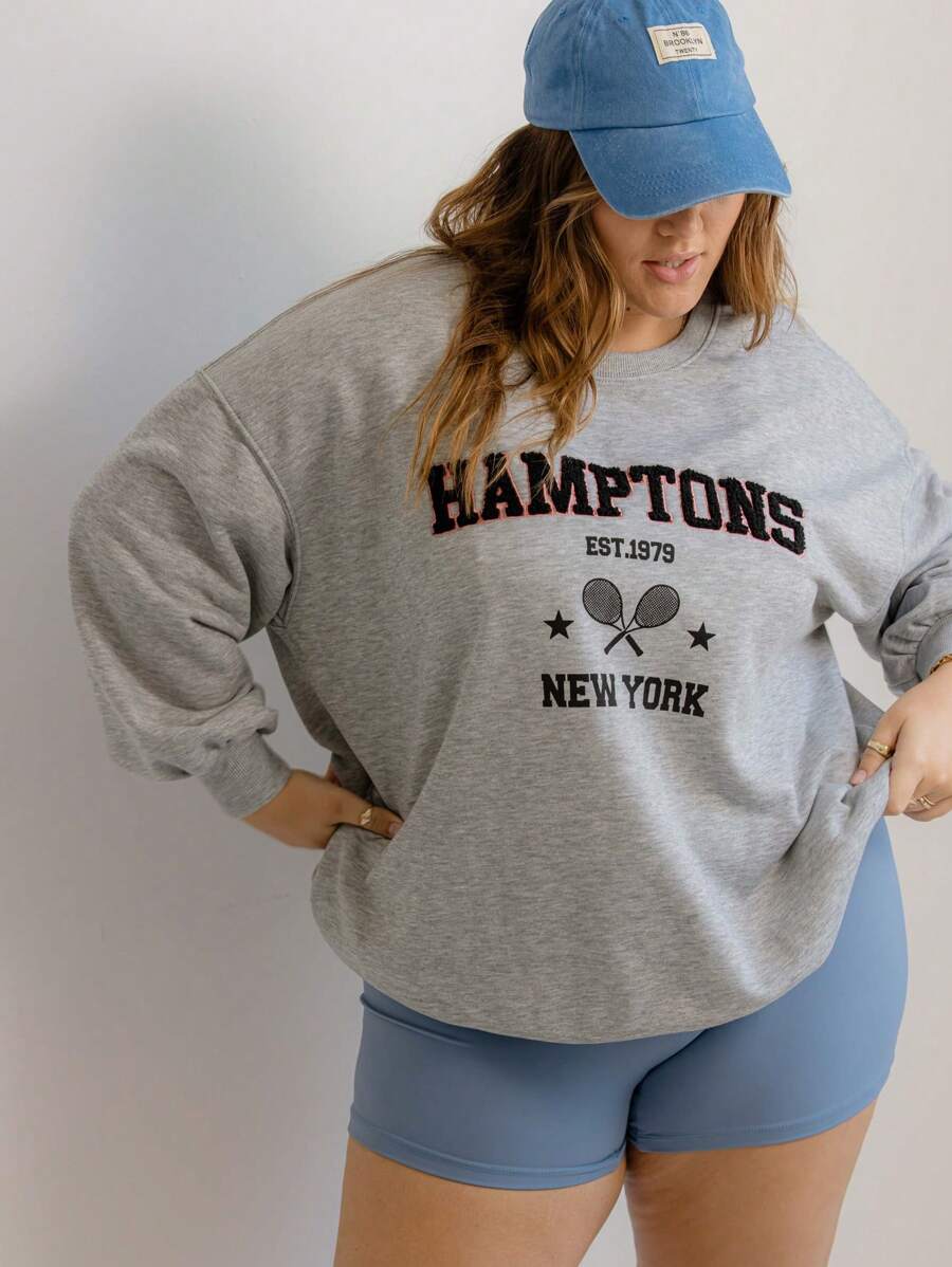 Aralina Sudadera de cuello redondo de manga larga con diseño gráfico de felpa gris talla grande Hamptons Tennis Curve