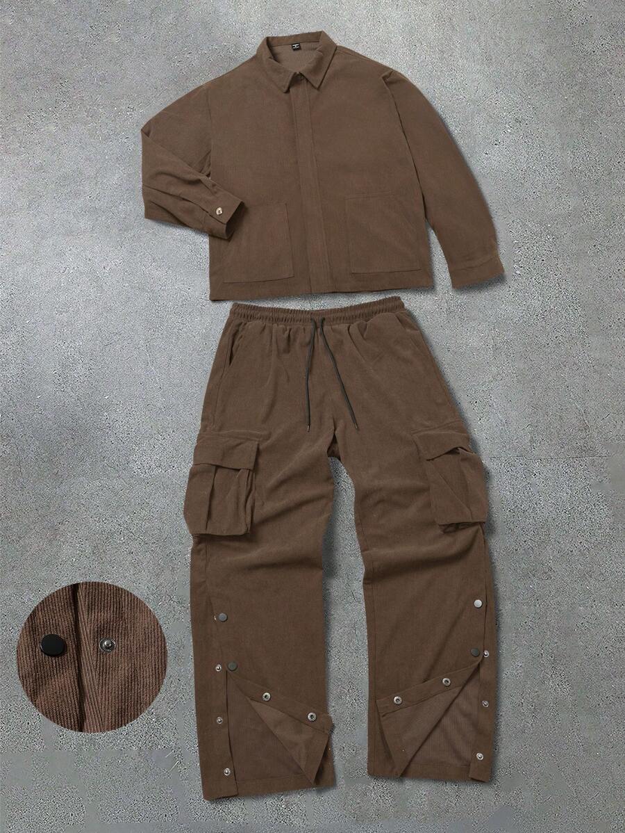 Manfinity Homme Conjunto de 2 piezas de camisa de manga larga con bolsillo de unicolor casual y pantalones largos para hombre