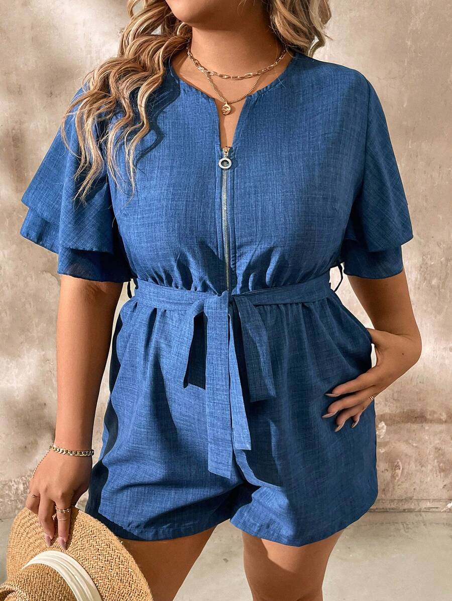 SHEIN LUNE Women's Bell Sleeve Front Zip Up Jumpsuit Shorts, Casual Spring/Summer