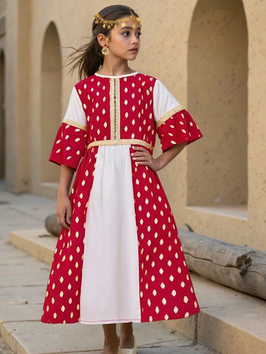 1 Stück Mädchen Patchwork Rot und Weiß Kleid, Metallic-Druck eleganter Prinzessinnenstil Sommerkleid