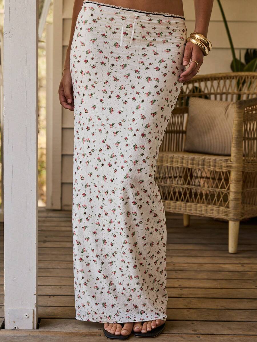 Aralina Summer Vacation Cute Floral Going Out Lace Trim Western Maxi Skirt