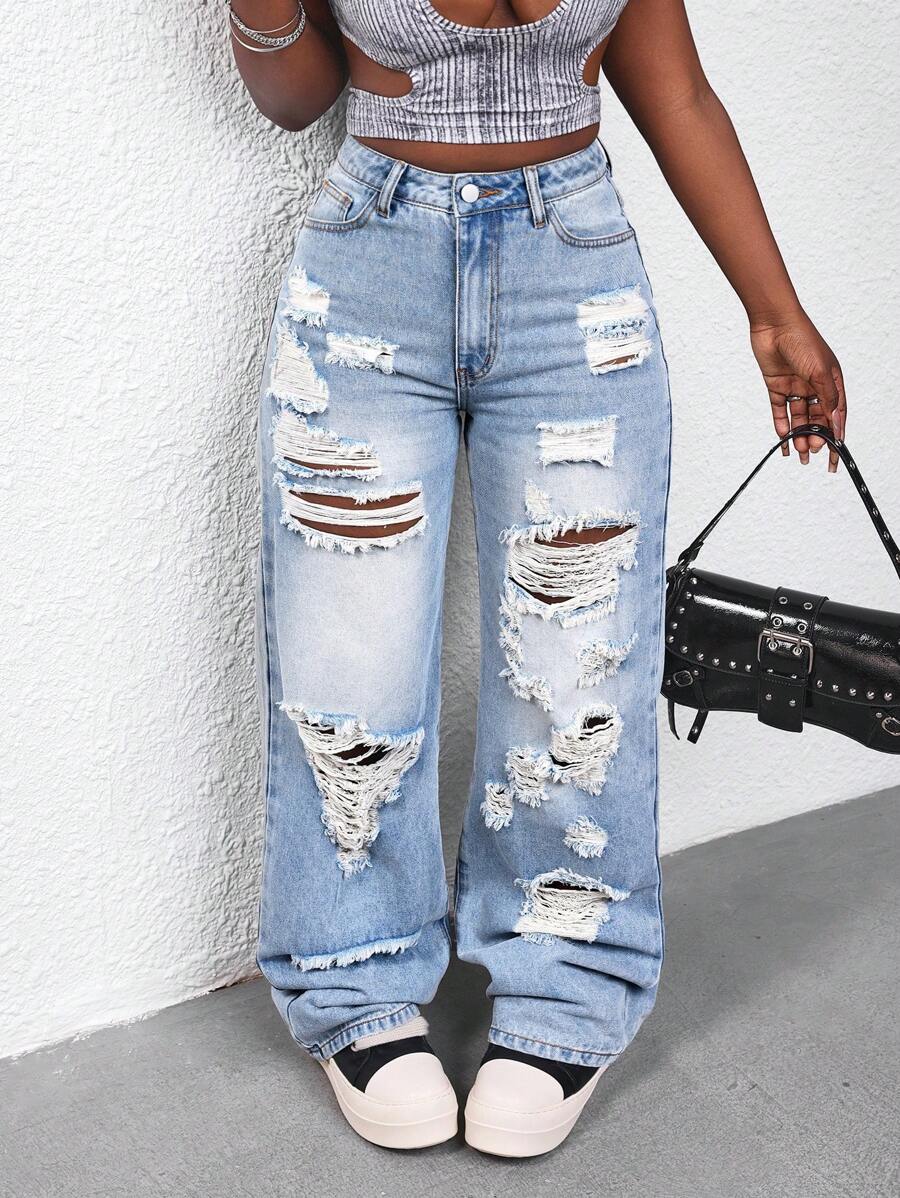 SHEIN Slayr Women's Distressed Straight Leg Washed Denim Jeans
