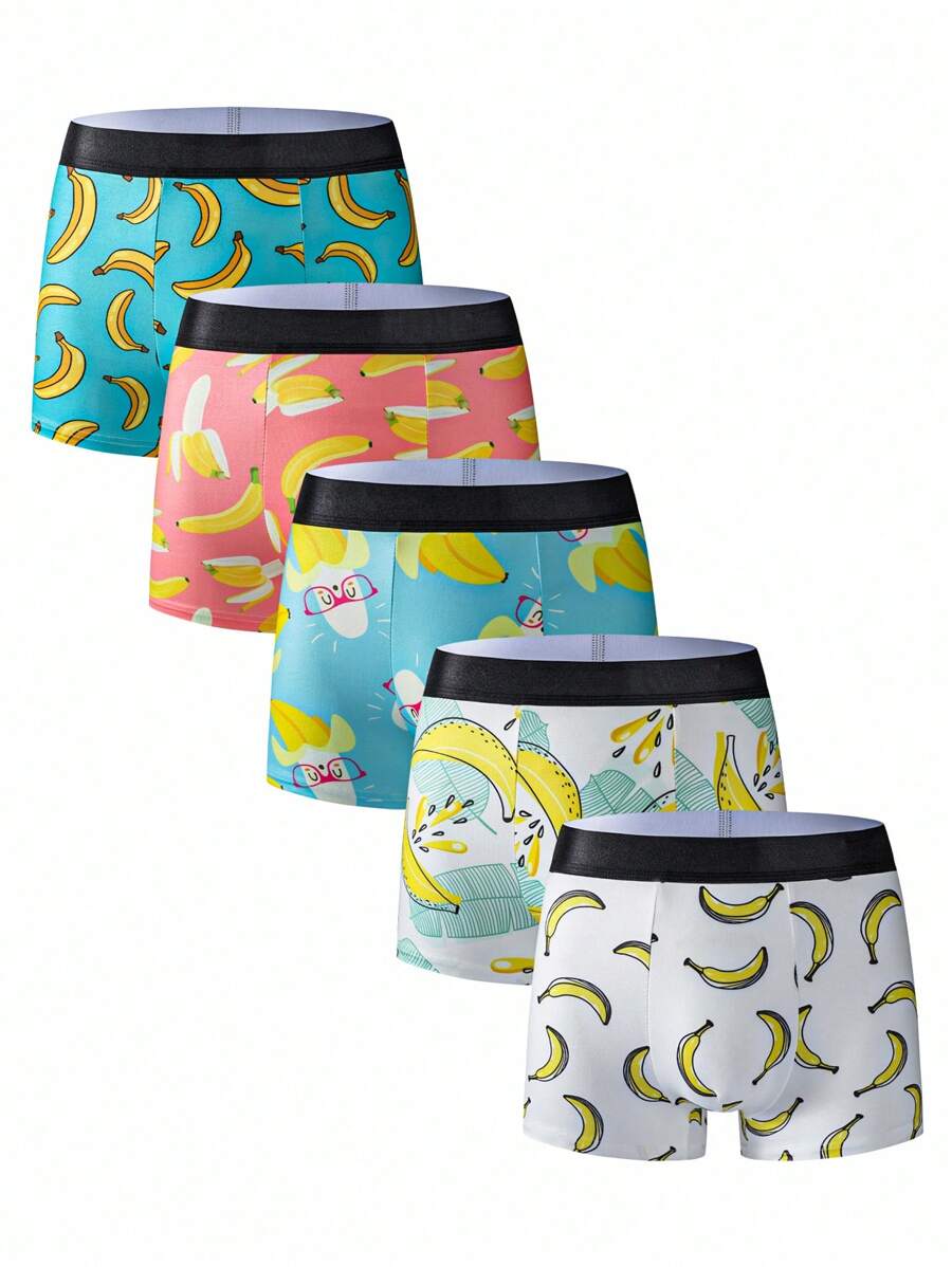 Happy Jammies 5pcs/Set Men's Banana Print Comfortable Casual Boxer Brief Underwear