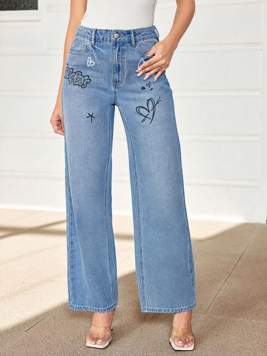 Breezaya Women's Letter & Heart Print Pocket Wide Leg Jeans
