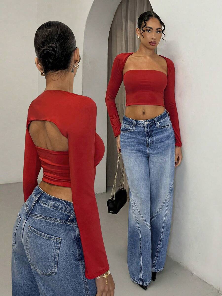 Glamine 2 Pieces Sets Red Color Cut Out Long Sleeve Crop Top,Going Out T-Shirt,Basic Top,Date Night Outfits,Rave Outfits Festival,Valentine's Day T-Shirt