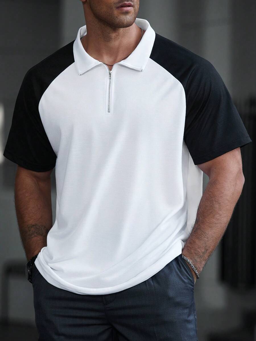 Manfinity CasualCool Plus Size Men's Colorblock Front Zipper Short Sleeve Casual Polo Shirt, For Golf