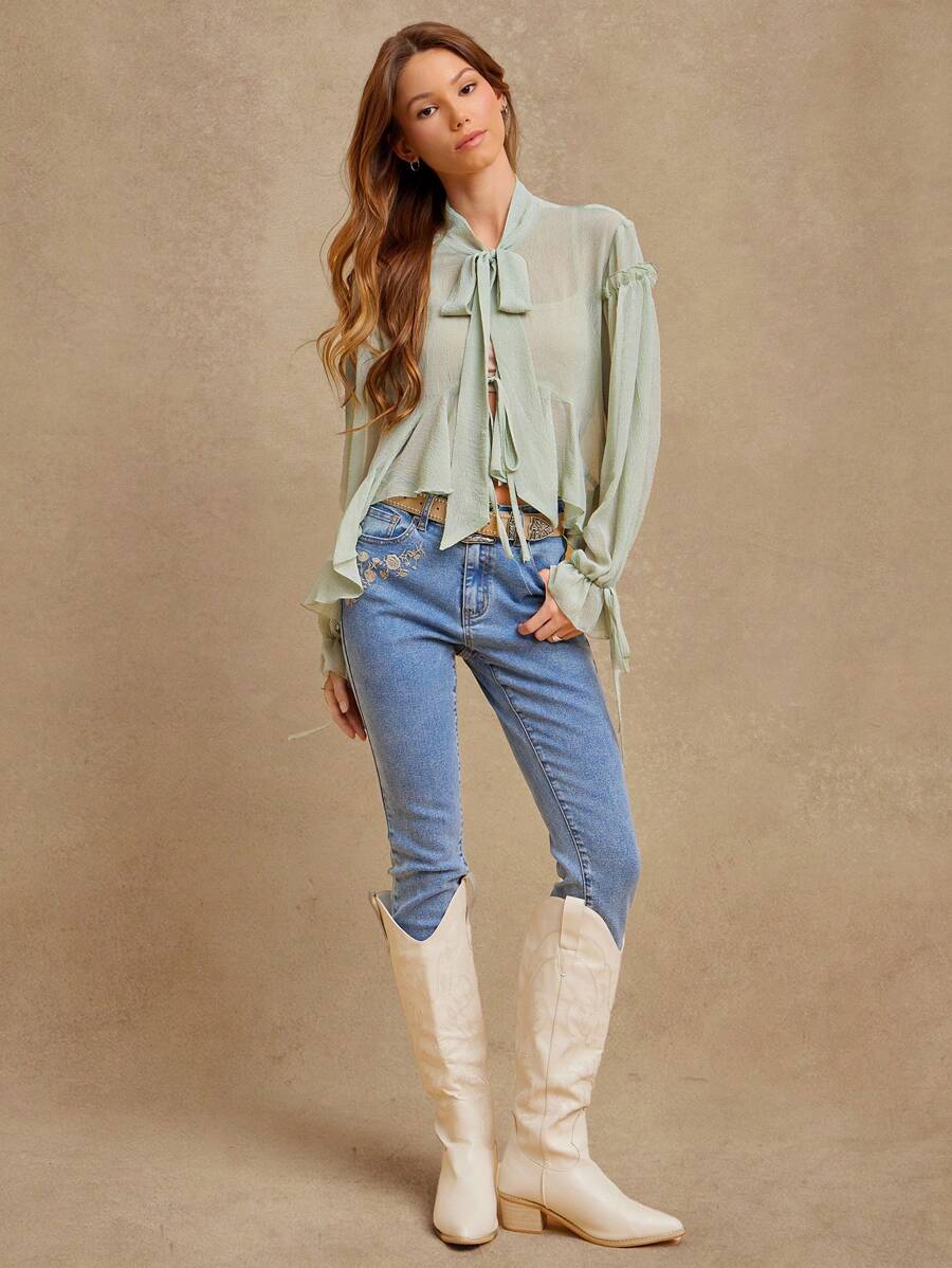 WESTFADE Neck Scarf Tie Ruffle Babydoll Long Bow Sleeve Crop Top, Spring Summer Vacation For Cowgirl