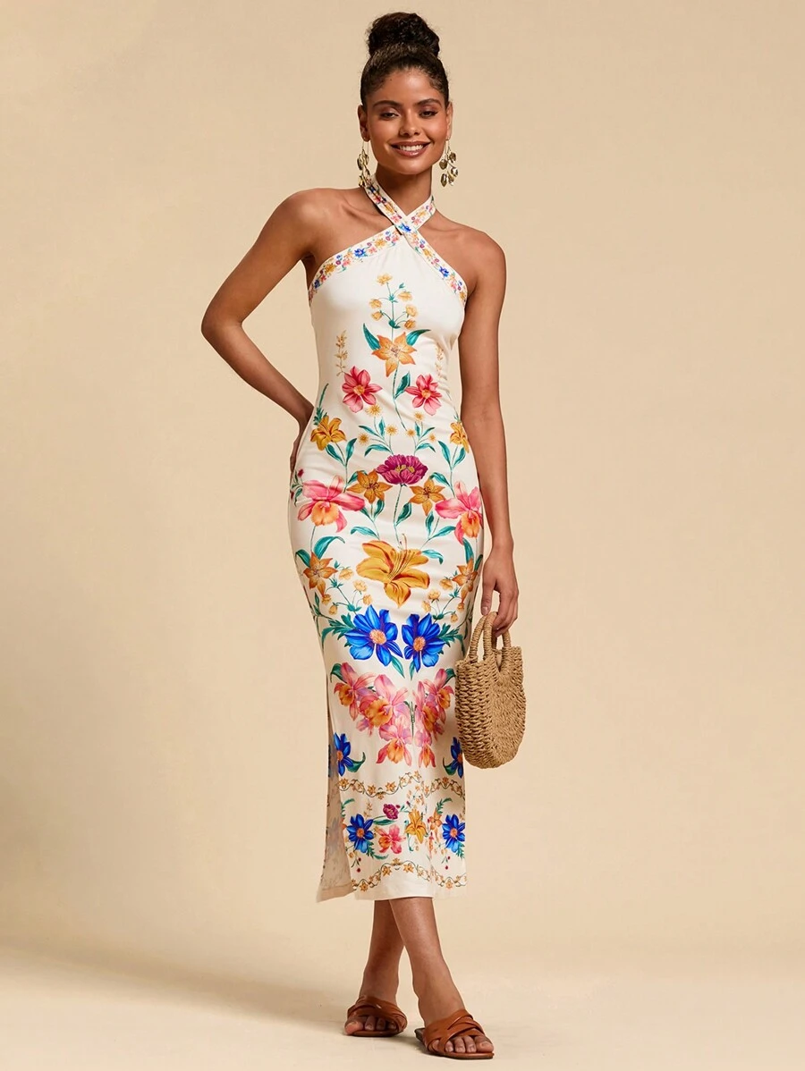 Travachic Robe longue sans manches à imprimé floral pour femmes, convenant pour les vacances