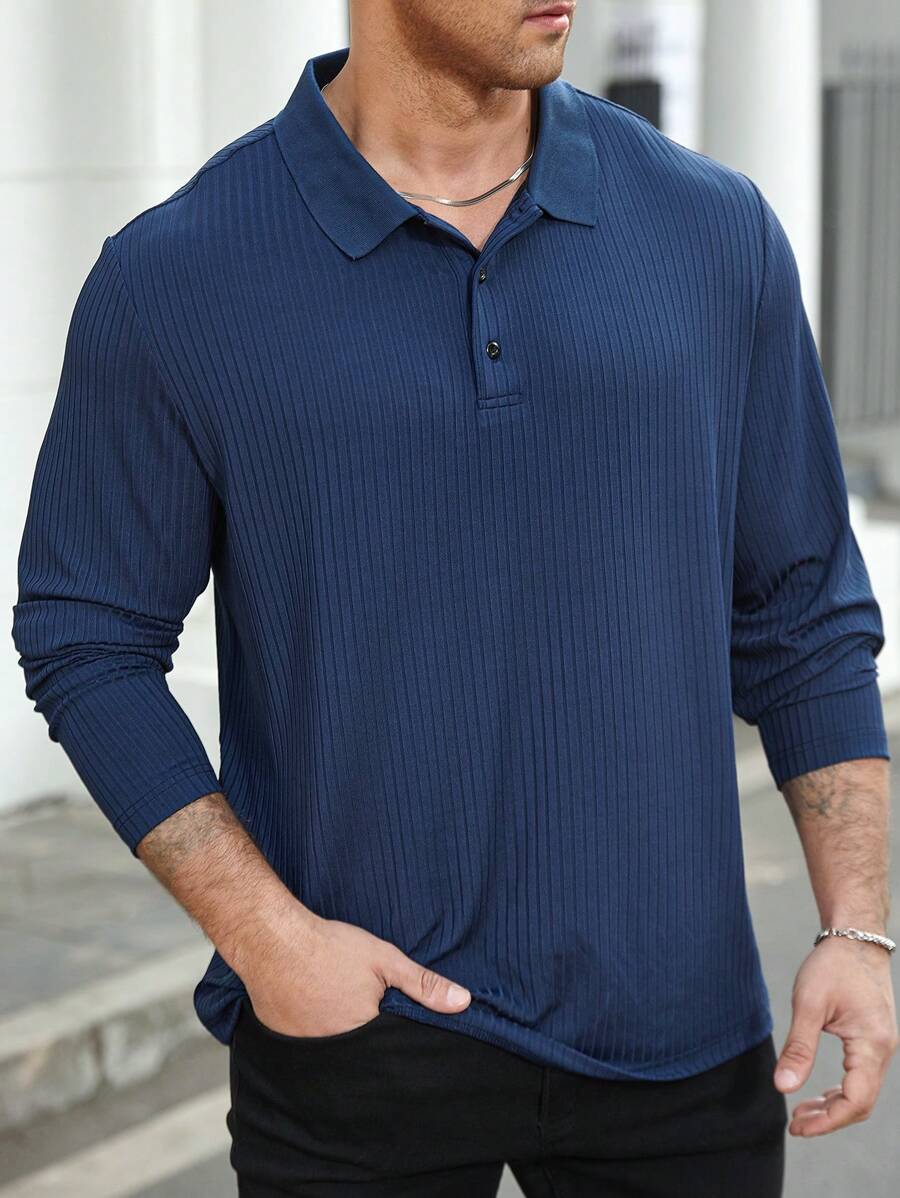 Manfinity CasualCool Plus Size Men Plain Button-Up Long Sleeve Casual Polo Shirt