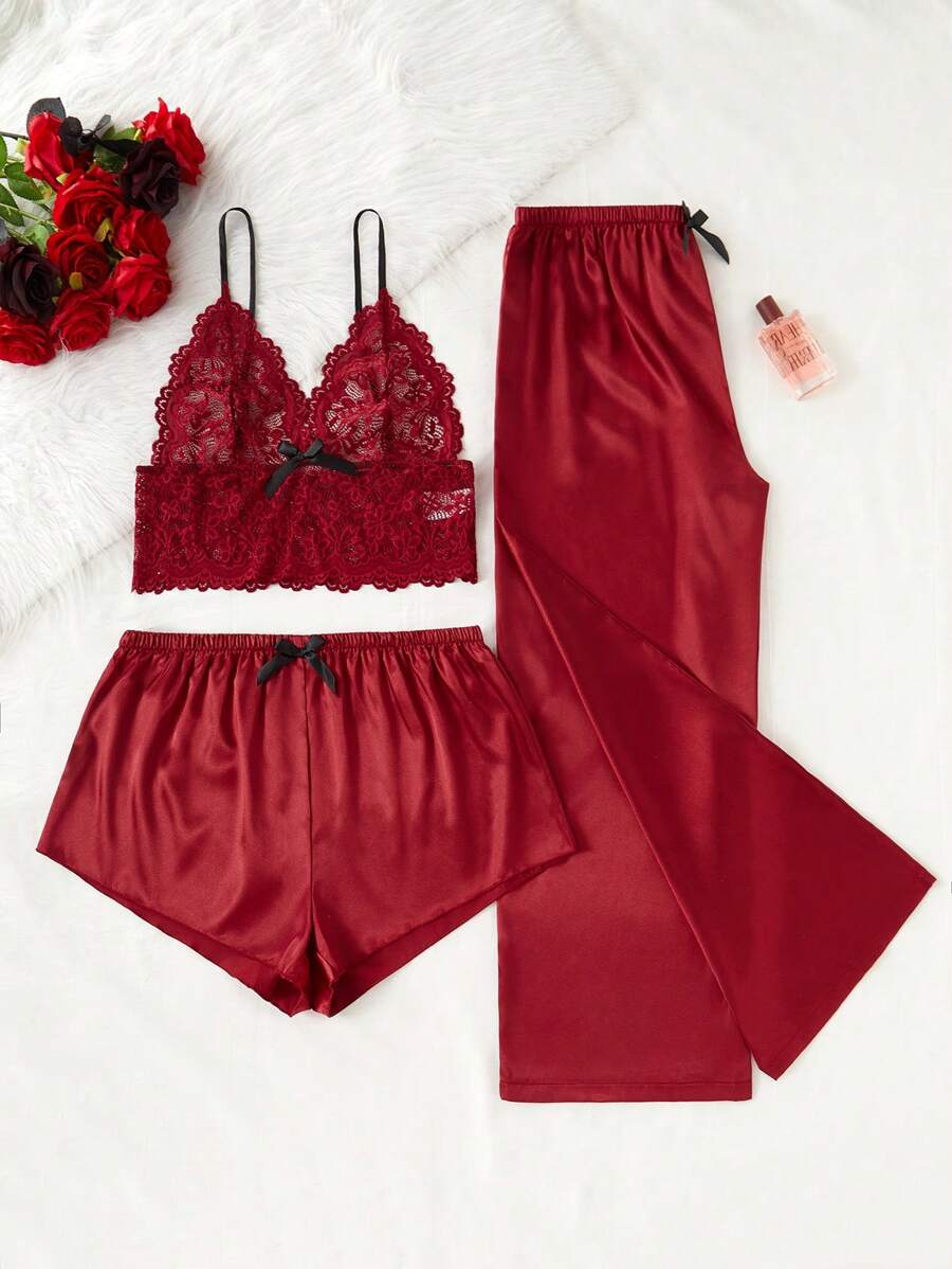 SilkySpell Juego de lencería de 3 piezas/set para el Día de San Valentín, compuesto por camiseta sin tirantes de encaje rojo y pantalones de seda falsa