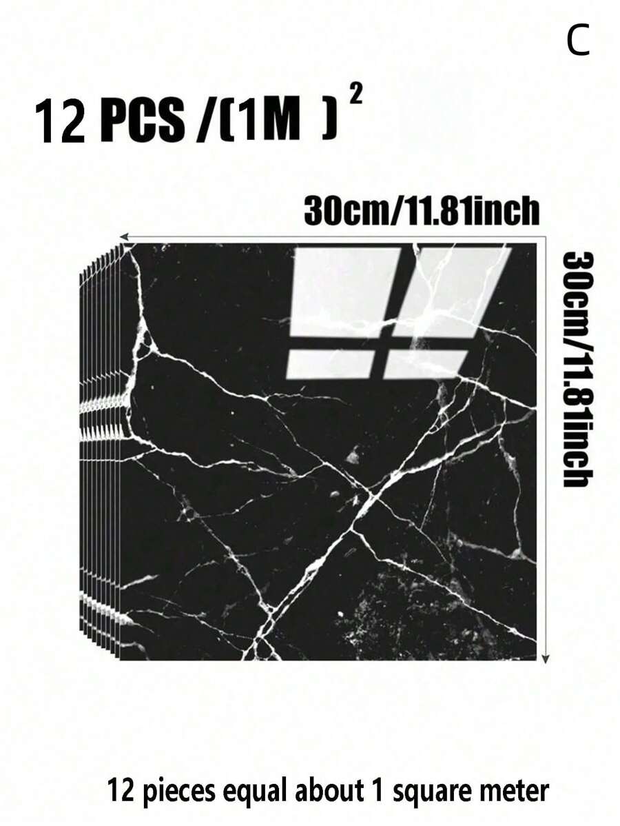 SHEIN 1pc/6pcs/12pcs/ Black Faux Ceramic Tile & Marble Contact Paper, Waterproof Self-Adhesive Wall Sticker For Wall Renovation, Decoration, Moisture-Proof, Aluminum Composite Board, Living Room, Bedroom, Bathroom,Floor Tiles,Peel And Stick Wallpaper
