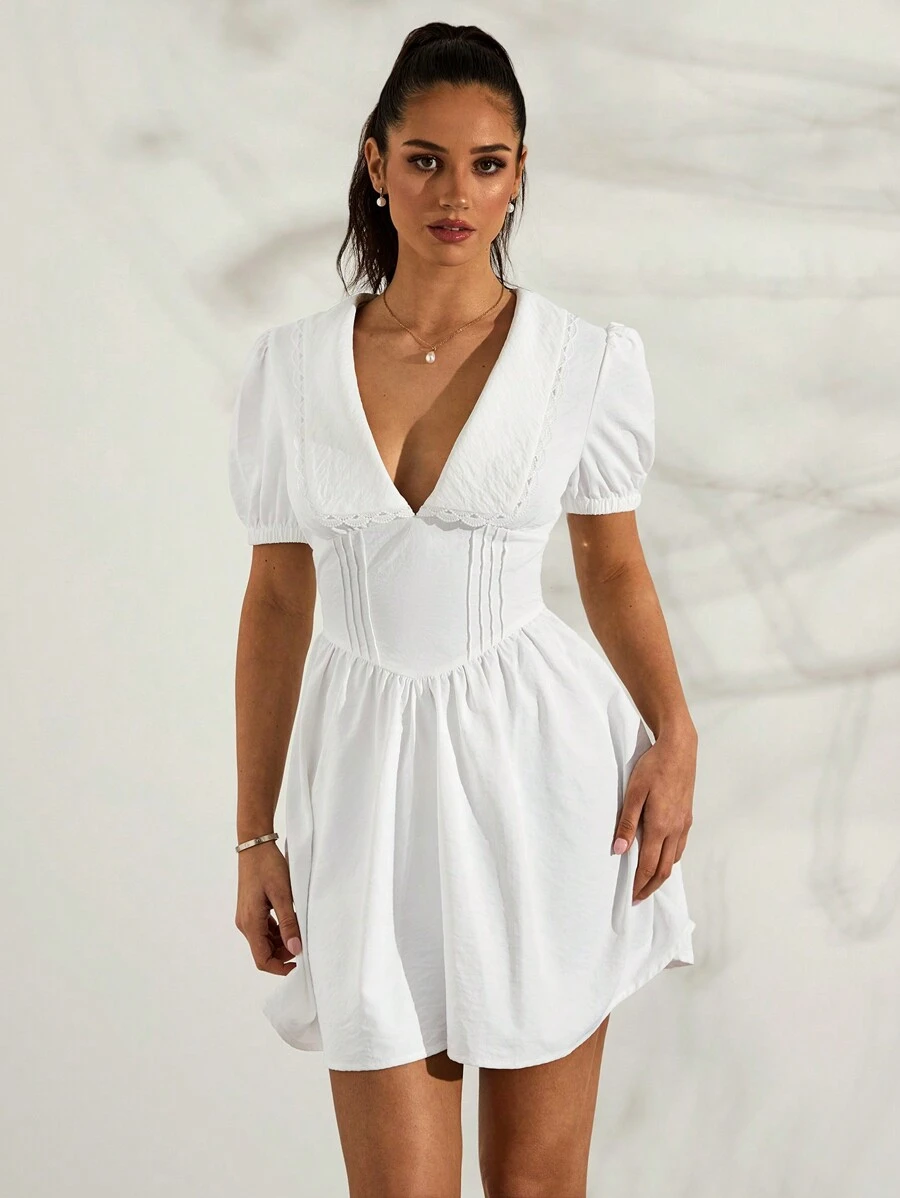 Glamine Vestido blanco de verano con cuello Peter Pan, mangas abullonadas, corte evasé y plisado a la cintura en diseño vintage francés