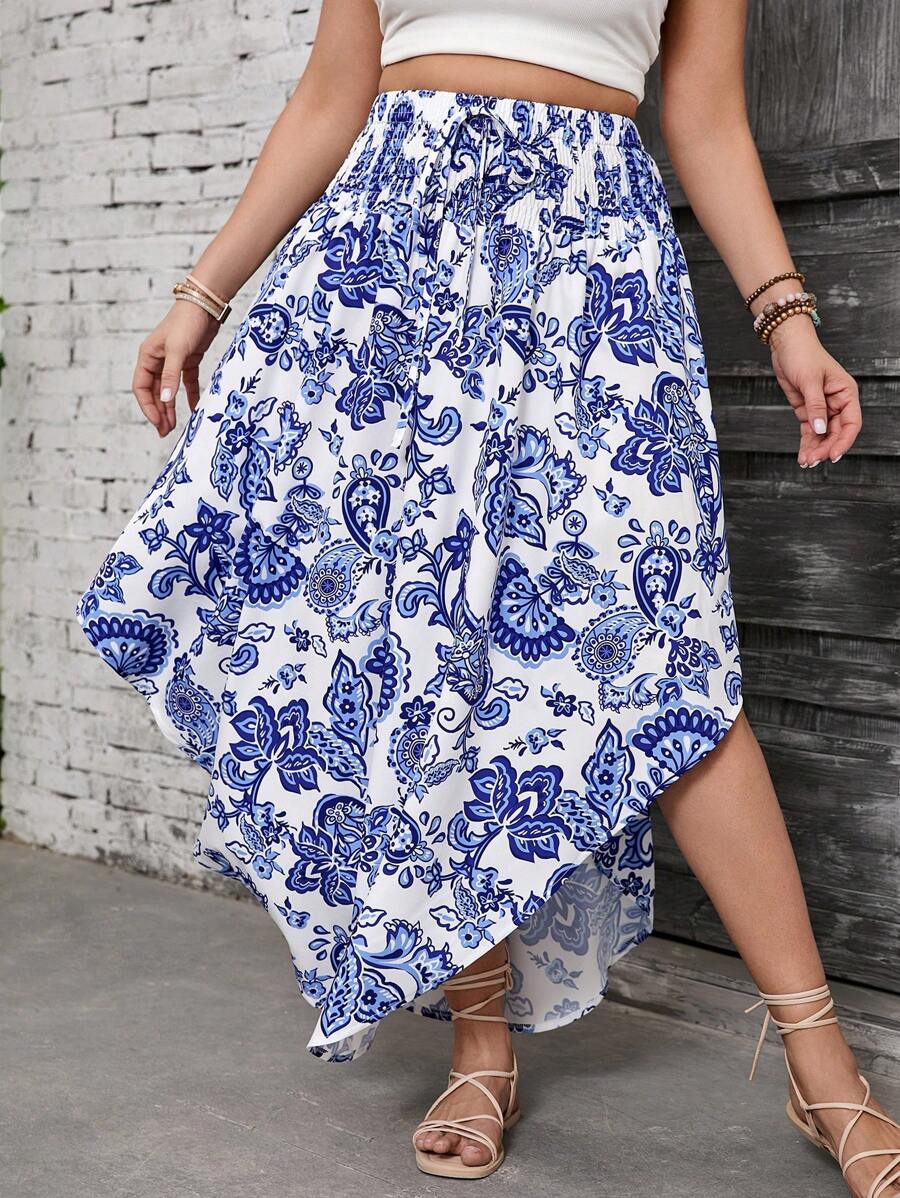 SHEIN VCAY Plus Size Holiday Blue & White Mixed Retro Print Drawstring Waist Asymmetrical Hem Boho Loose Casual Beach Skirt, Western Wear For Women, Festival, Boho, Hippie, Cowgirl Outfit, Bohemian, Summer Outfits For Women, Beach, Summer Clothes For Women, St. Patrick's Day Outfit, Spring Outfits For Women