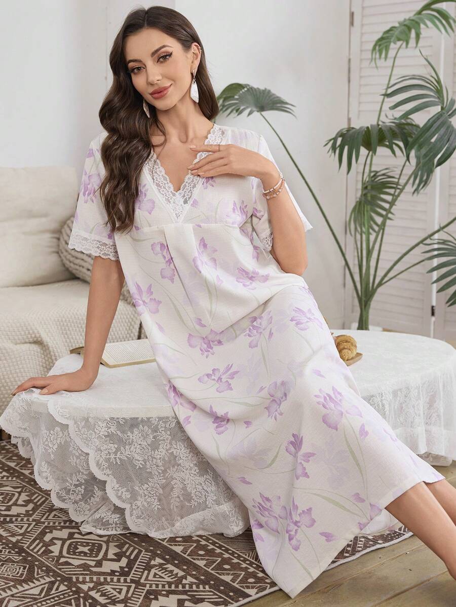 Camisón romántico de mujer con escote en V, manga corta, estampado floral y parches de encaje, perfecto para el verano y las vacaciones