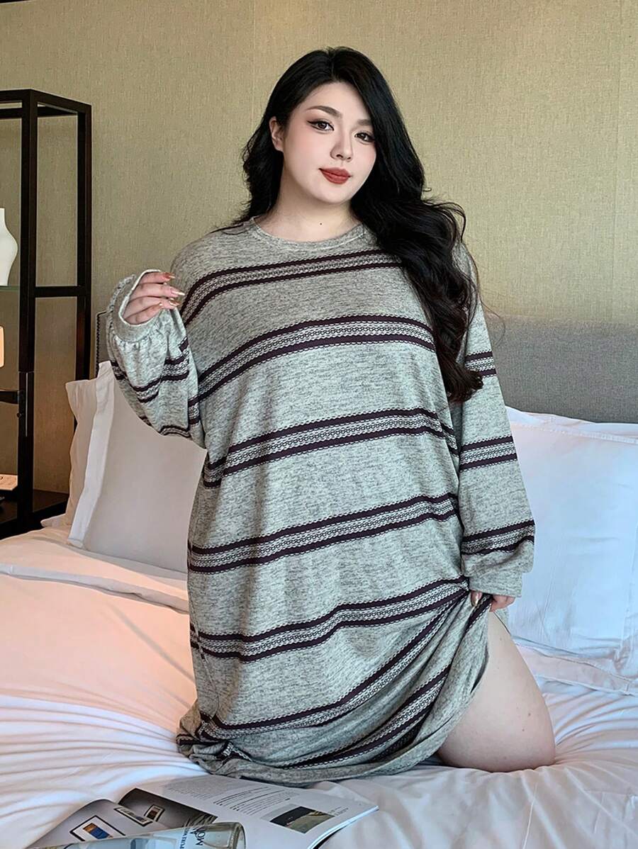 Dazy Plus Camisón de manga larga recta holgado con cuello redondo y rayas, apto para todas las estaciones, talla grande