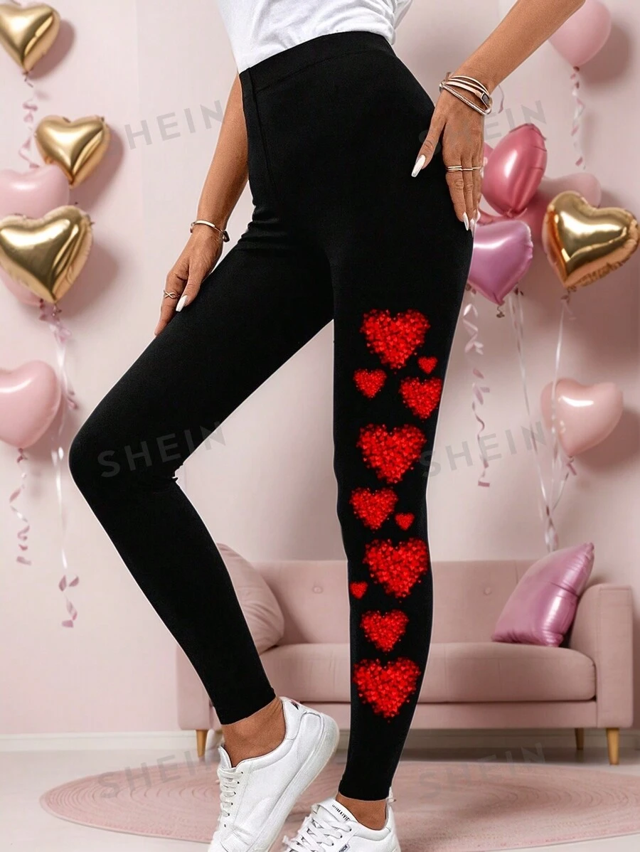 EMERY ROSE Leggings ceñidos casuales de mujer con estampado de corazón, pantalones largos elásticos y favorecedores para una cita, deportes, atuendo del Día de San Valentín